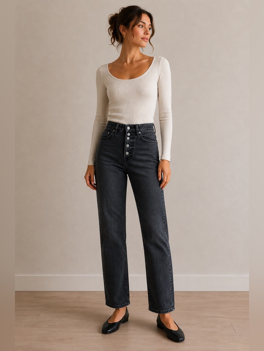 Everlane Black High Rise Straight Leg Jeans Button Fly 29R (8/Medium) Luxury